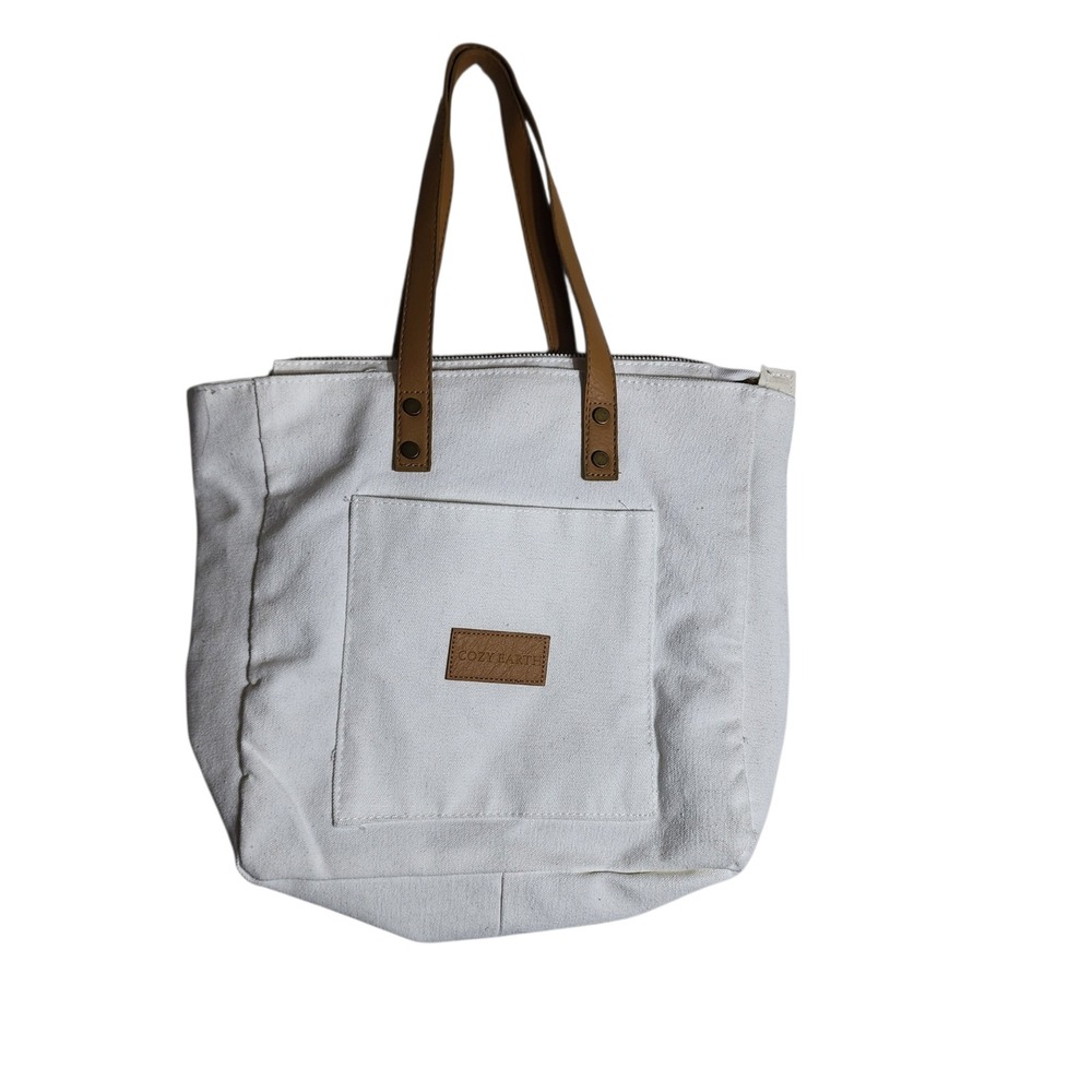 Cozy Earth Canvas Tote Bag White Tan Faux Leather Straps Zipper Top Pocket